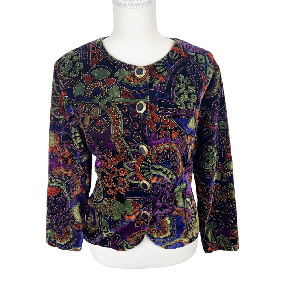 Vintage Fritzi Women Medium Black Green Purple Velvet Blazer Button Up Petites